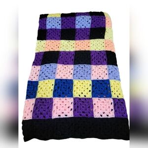 Vintage Handmade Afghan Black Purple Yellow Peach Pink Blue GrannySquare Cottage